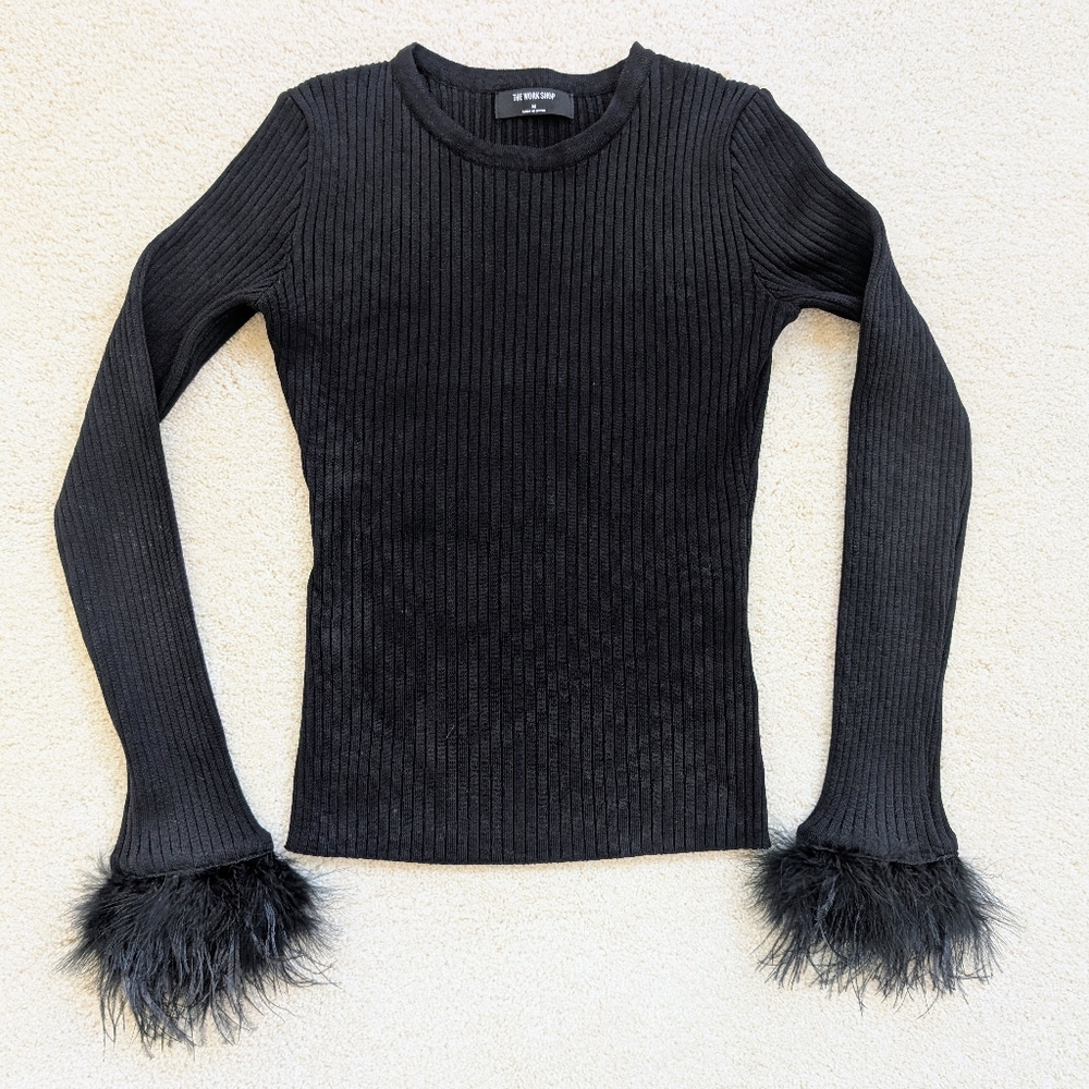 Black Ribbed Top with Feather Cuffs